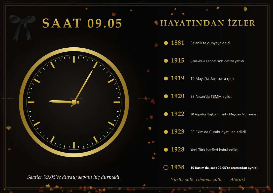 Atatürk Anma Panosu — Saat 09.05 (8 sayfa · 84 × 59 cm) birleşik görünüm