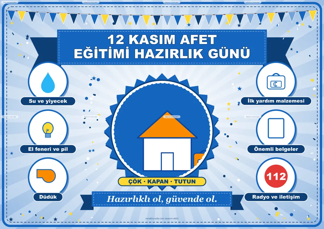 12 Kasım Afet Eğitimi Hazırlık Günü Pano Şeridi ve 6 Bilgi Posteri (8 parça · 84 × 59 cm) birleşik görünüm