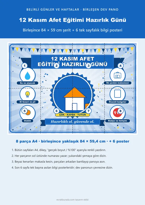12 Kasım Afet Eğitimi Hazırlık Günü Pano Şeridi ve 6 Bilgi Posteri (8 parça · 84 × 59 cm) kapağı