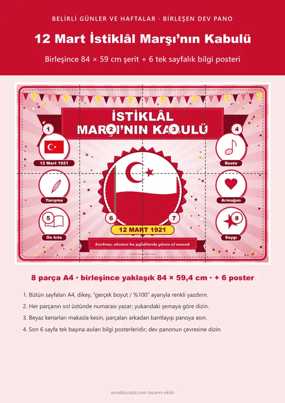 12 Mart İstiklâl Marşı’nın Kabulü Pano Şeridi ve 6 Bilgi Posteri (8 parça · 84 × 59 cm) kapağı