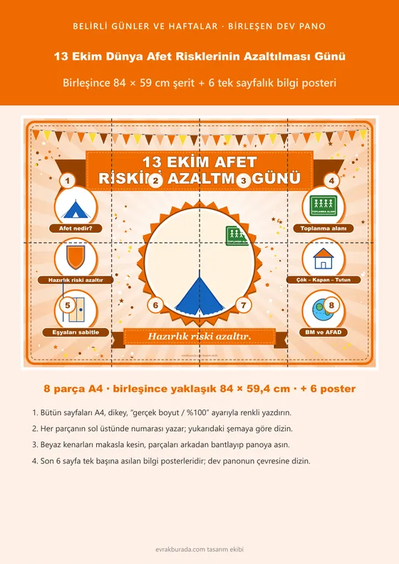 13 Ekim Dünya Afet Risklerinin Azaltılması Günü Pano Şeridi ve 6 Bilgi Posteri (8 parça · 84 × 59 cm) kapağı