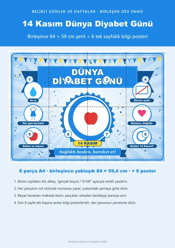 14 Kasım Dünya Diyabet Günü Pano Şeridi ve 6 Bilgi Posteri (8 parça · 84 × 59 cm) kapağı