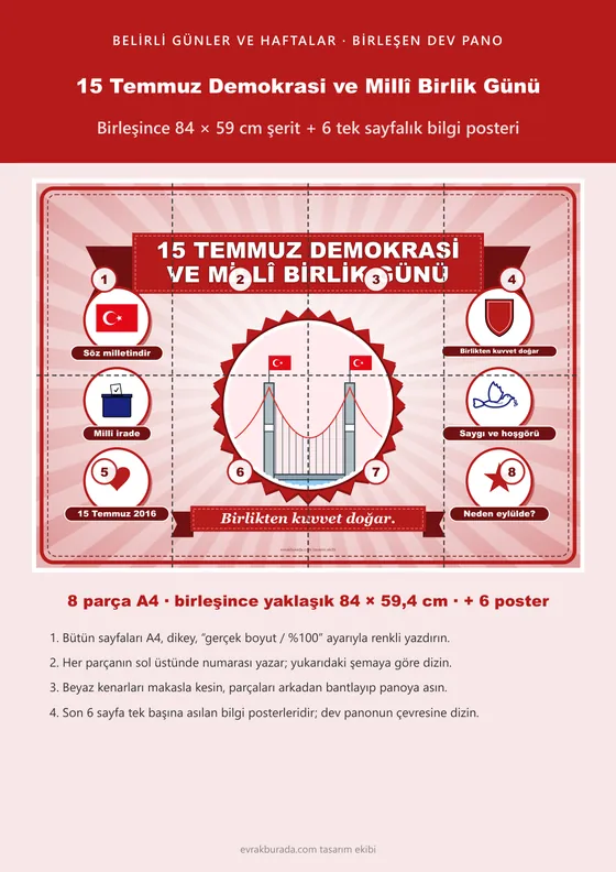 15 Temmuz Demokrasi ve Millî Birlik Günü Pano Şeridi ve 6 Bilgi Posteri (8 parça · 84 × 59 cm) kapağı