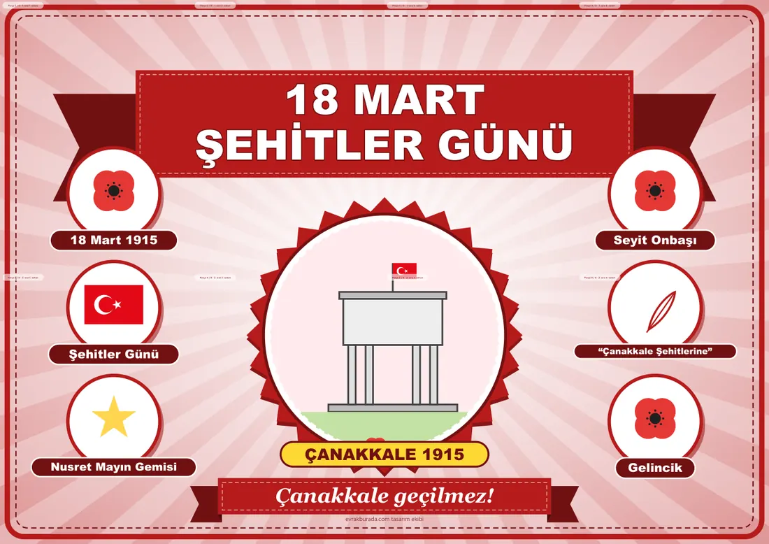 18 Mart Şehitler Günü Pano Şeridi ve 6 Bilgi Posteri (8 parça · 84 × 59 cm) birleşik görünüm