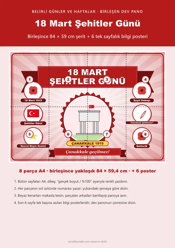 18 Mart Şehitler Günü Pano Şeridi ve 6 Bilgi Posteri (8 parça · 84 × 59 cm) kapağı