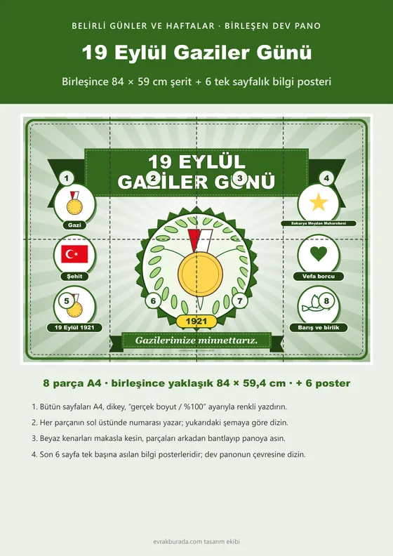 19 Eylül Gaziler Günü Pano Şeridi ve 6 Bilgi Posteri (8 parça · 84 × 59 cm) kapağı