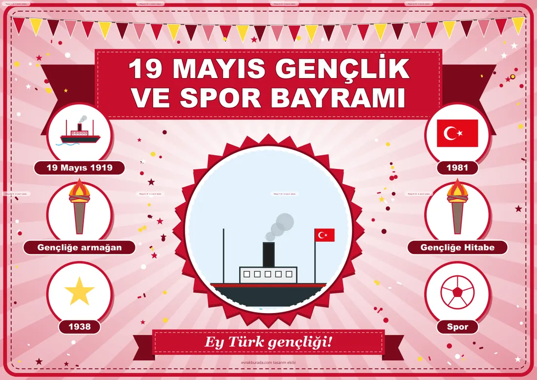 19 Mayıs Atatürk’ü Anma, Gençlik ve Spor Bayramı Pano Şeridi ve 6 Bilgi Posteri (8 parça · 84 × 59 cm) birleşik görünüm