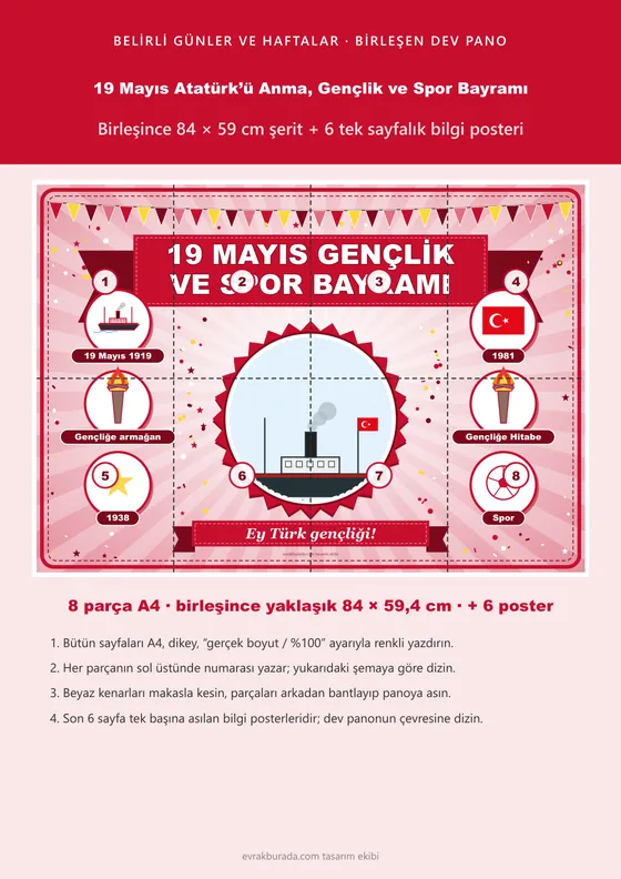 19 Mayıs Atatürk’ü Anma, Gençlik ve Spor Bayramı Pano Şeridi ve 6 Bilgi Posteri (8 parça · 84 × 59 cm) kapağı