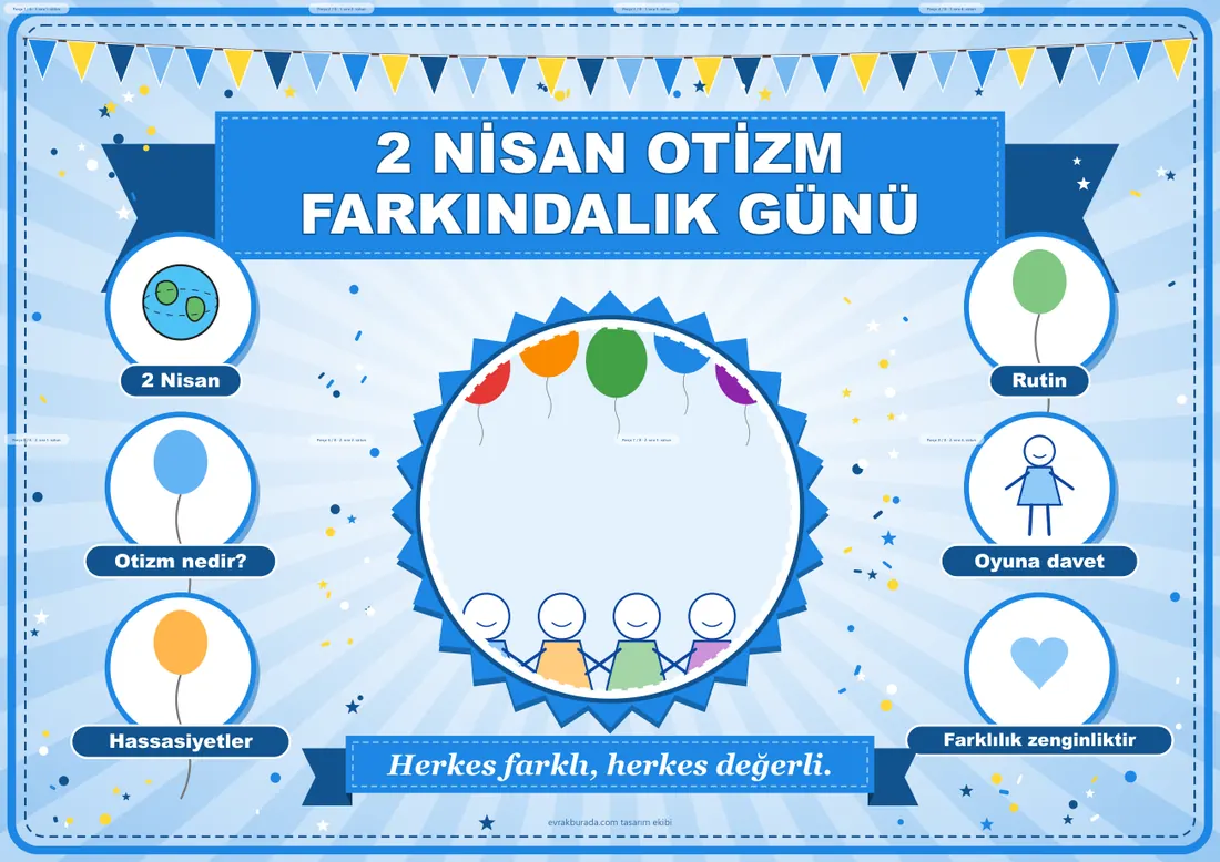2 Nisan Dünya Otizm Farkındalık Günü Pano Şeridi ve 6 Bilgi Posteri (8 parça · 84 × 59 cm) birleşik görünüm