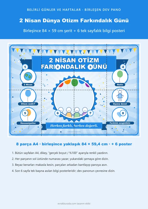 2 Nisan Dünya Otizm Farkındalık Günü Pano Şeridi ve 6 Bilgi Posteri (8 parça · 84 × 59 cm) kapağı