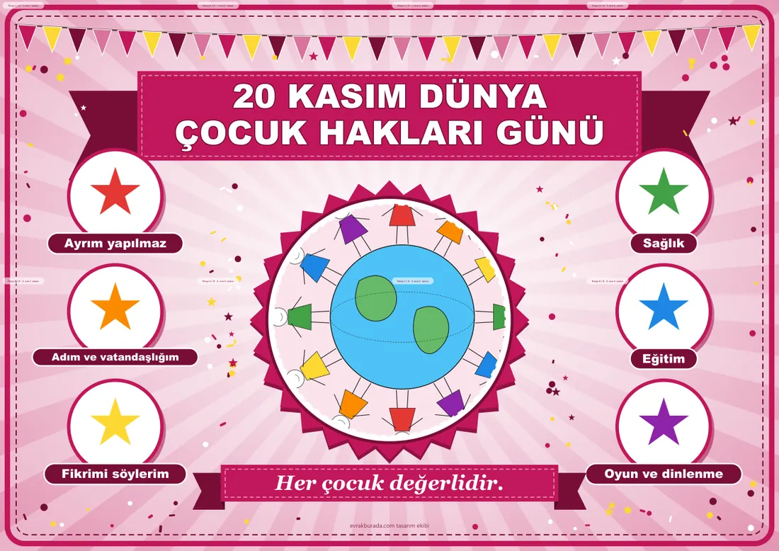 20 Kasım Dünya Çocuk Hakları Günü Pano Şeridi ve 6 Bilgi Posteri (8 parça · 84 × 59 cm) birleşik görünüm