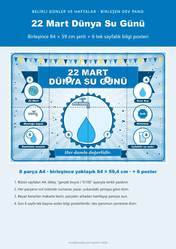 22 Mart Dünya Su Günü Pano Şeridi ve 6 Bilgi Posteri (8 parça · 84 × 59 cm) kapağı