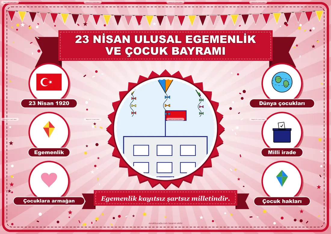 23 Nisan Ulusal Egemenlik ve Çocuk Bayramı Pano Şeridi ve 6 Bilgi Posteri (8 parça · 84 × 59 cm) birleşik görünüm