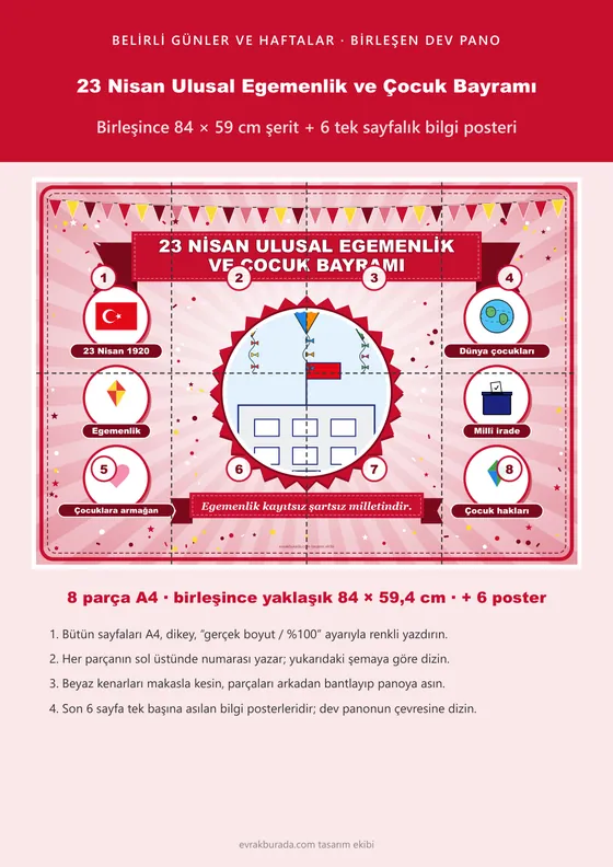 23 Nisan Ulusal Egemenlik ve Çocuk Bayramı Pano Şeridi ve 6 Bilgi Posteri (8 parça · 84 × 59 cm) kapağı