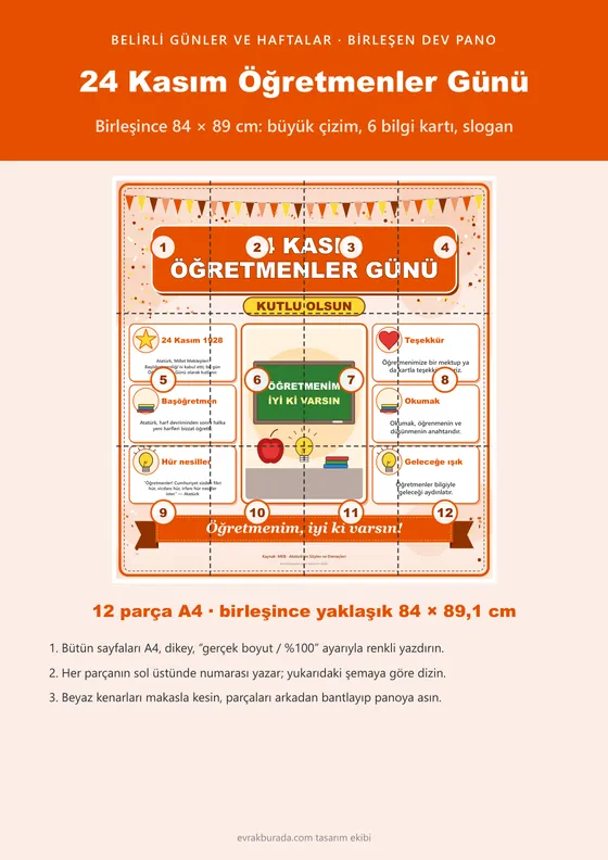 24 Kasım Öğretmenler Günü Dev Panosu (12 parça · 84 × 89 cm) kapağı
