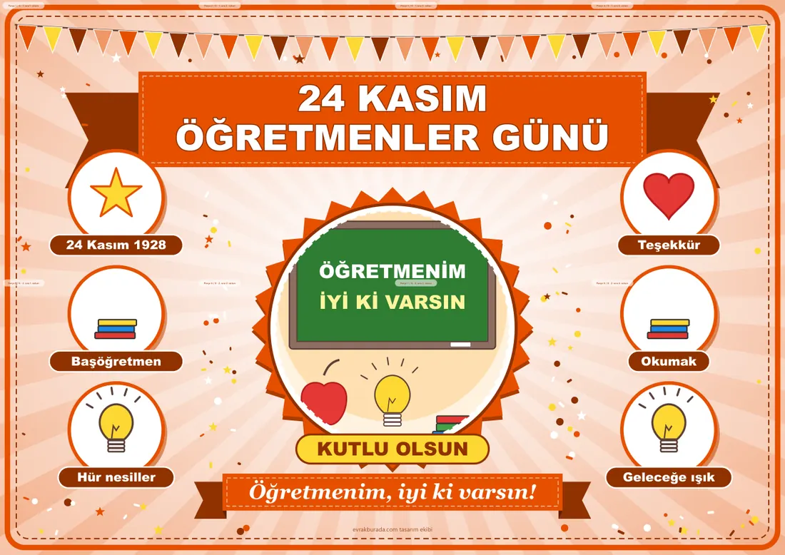 24 Kasım Öğretmenler Günü Pano Şeridi ve 6 Bilgi Posteri (8 parça · 84 × 59 cm) birleşik görünüm