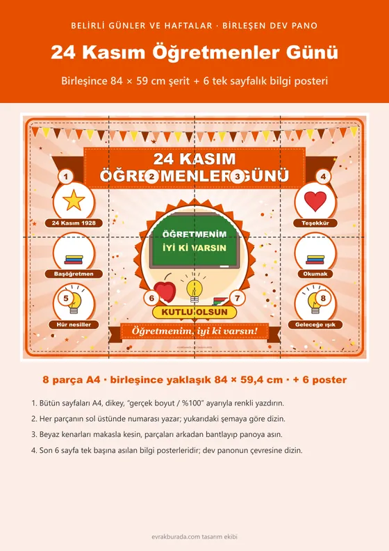 24 Kasım Öğretmenler Günü Pano Şeridi ve 6 Bilgi Posteri (8 parça · 84 × 59 cm) kapağı