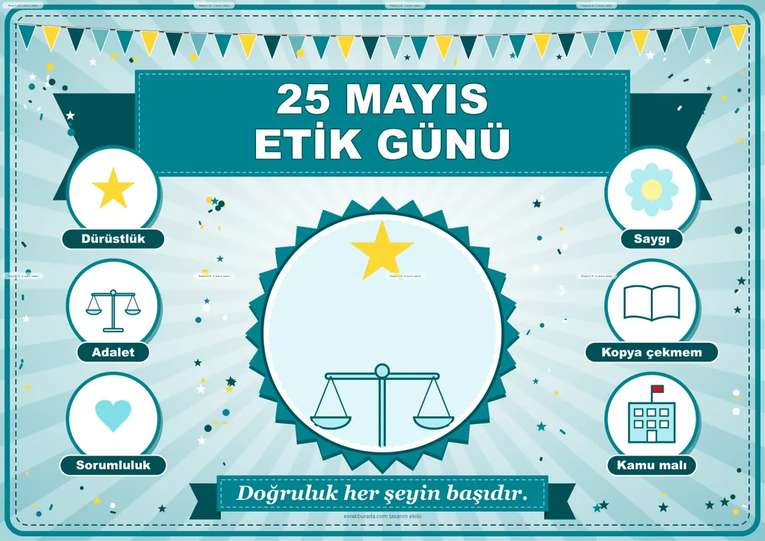 25 Mayıs Etik Günü Pano Şeridi ve 6 Bilgi Posteri (8 parça · 84 × 59 cm) birleşik görünüm