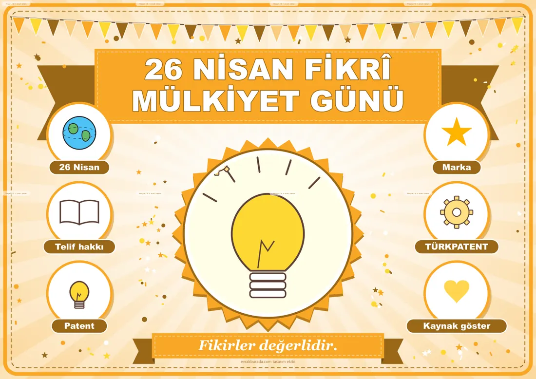 26 Nisan Dünya Fikrî Mülkiyet Günü Pano Şeridi ve 6 Bilgi Posteri (8 parça · 84 × 59 cm) birleşik görünüm