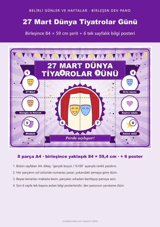 27 Mart Dünya Tiyatrolar Günü Pano Şeridi ve 6 Bilgi Posteri (8 parça · 84 × 59 cm) kapağı