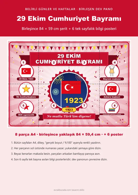 29 Ekim Cumhuriyet Bayramı Pano Şeridi ve 6 Bilgi Posteri (8 parça · 84 × 59 cm) kapağı