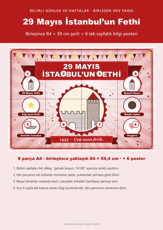 29 Mayıs İstanbul’un Fethi Pano Şeridi ve 6 Bilgi Posteri (8 parça · 84 × 59 cm) kapağı