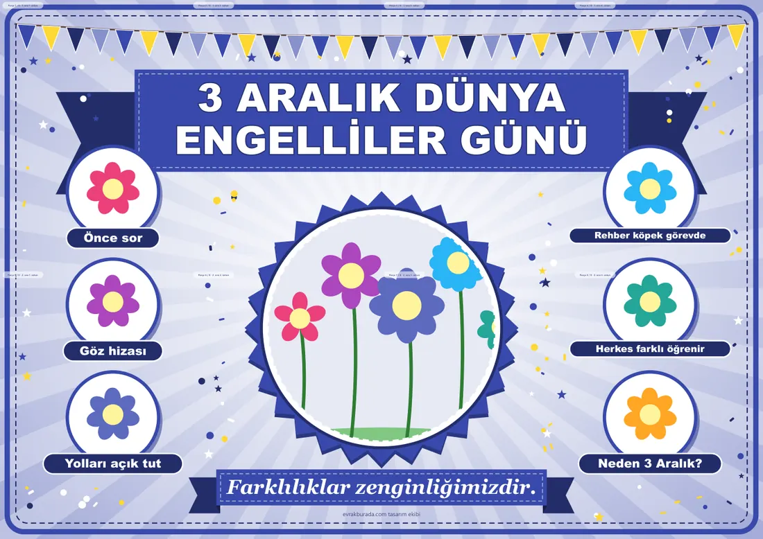 3 Aralık Dünya Engelliler Günü Pano Şeridi ve 6 Bilgi Posteri (8 parça · 84 × 59 cm) birleşik görünüm