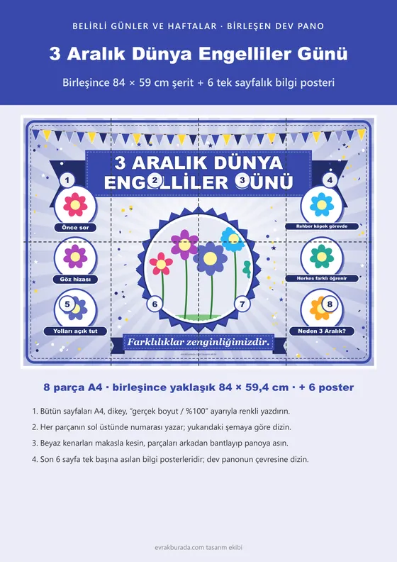 3 Aralık Dünya Engelliler Günü Pano Şeridi ve 6 Bilgi Posteri (8 parça · 84 × 59 cm) kapağı