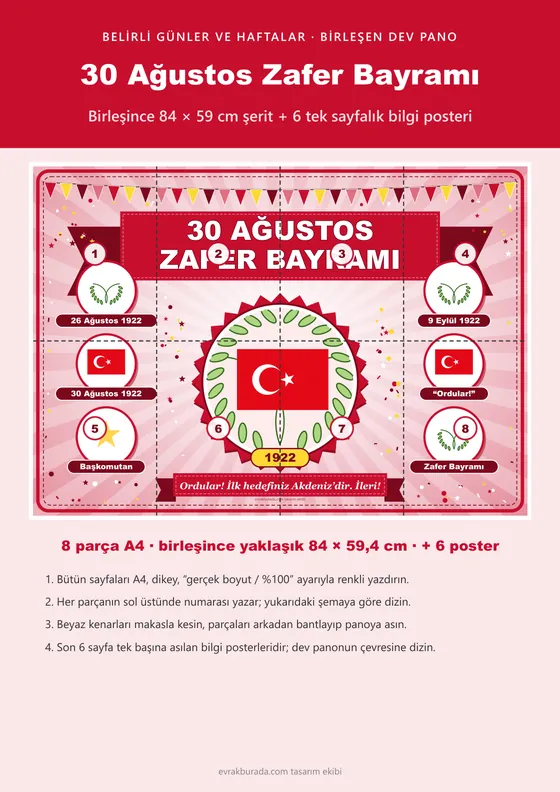 30 Ağustos Zafer Bayramı Pano Şeridi ve 6 Bilgi Posteri (8 parça · 84 × 59 cm) kapağı