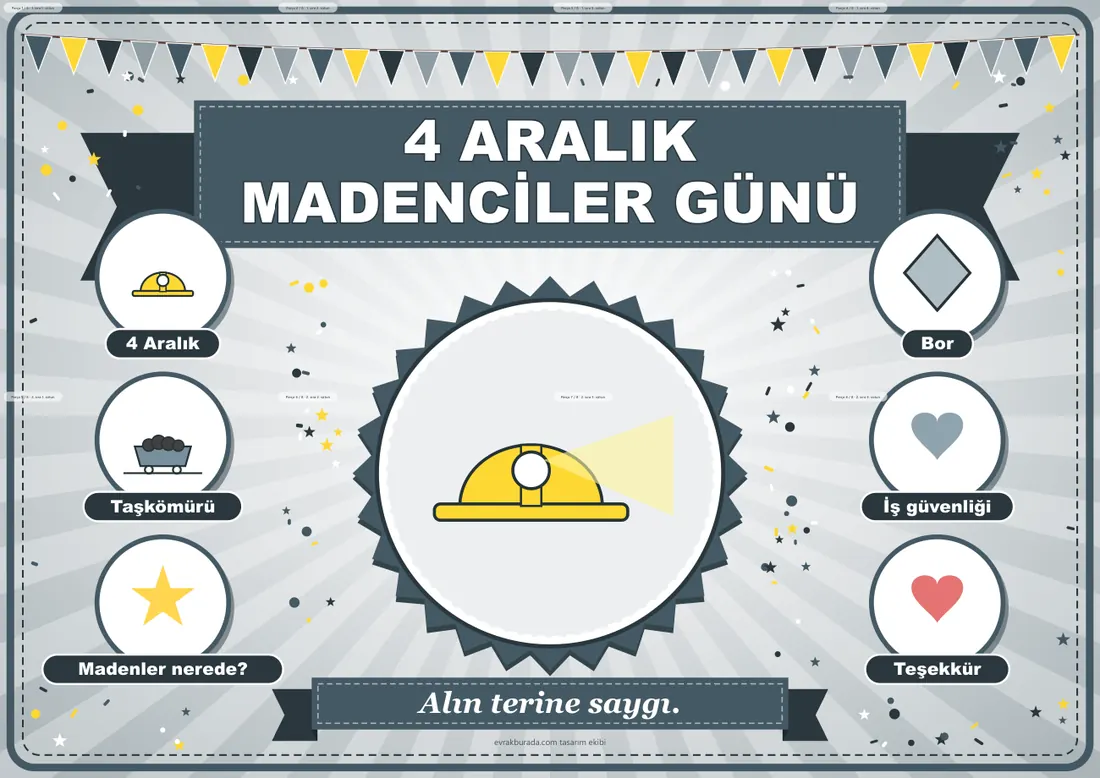 4 Aralık Dünya Madenciler Günü Pano Şeridi ve 6 Bilgi Posteri (8 parça · 84 × 59 cm) birleşik görünüm