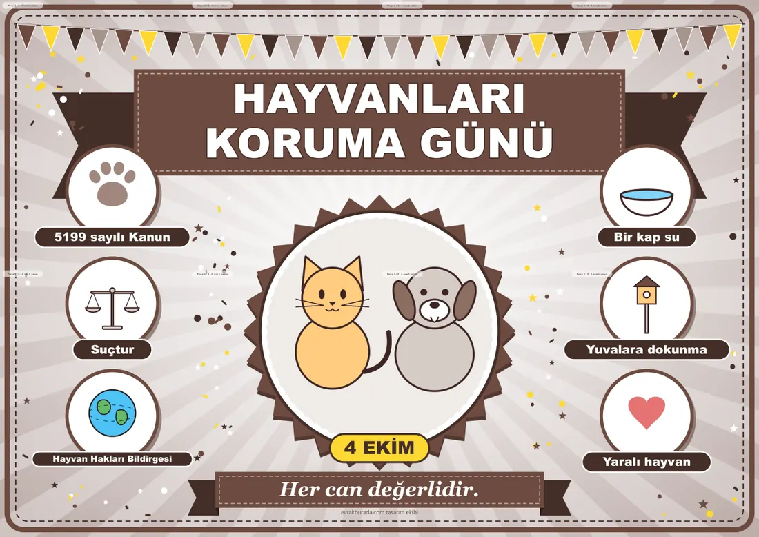 4 Ekim Dünya Hayvanları Koruma Günü Pano Şeridi ve 6 Bilgi Posteri (8 parça · 84 × 59 cm) birleşik görünüm