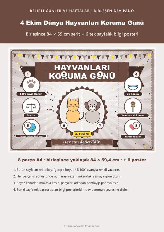 4 Ekim Dünya Hayvanları Koruma Günü Pano Şeridi ve 6 Bilgi Posteri (8 parça · 84 × 59 cm) kapağı