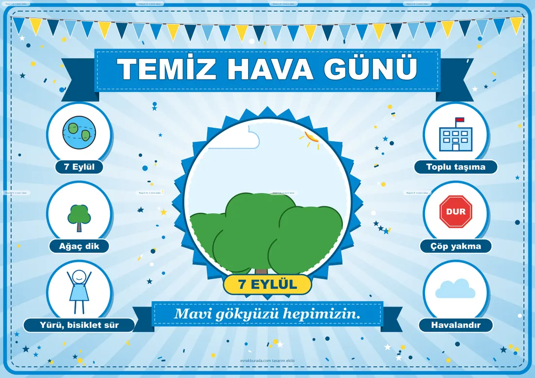 7 Eylül Uluslararası Temiz Hava Günü Pano Şeridi ve 6 Bilgi Posteri (8 parça · 84 × 59 cm) birleşik görünüm