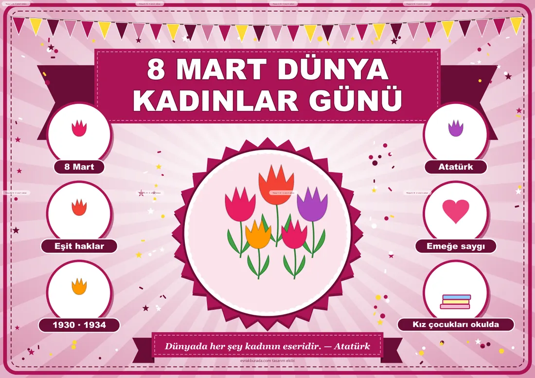8 Mart Dünya Kadınlar Günü Pano Şeridi ve 6 Bilgi Posteri (8 parça · 84 × 59 cm) birleşik görünüm