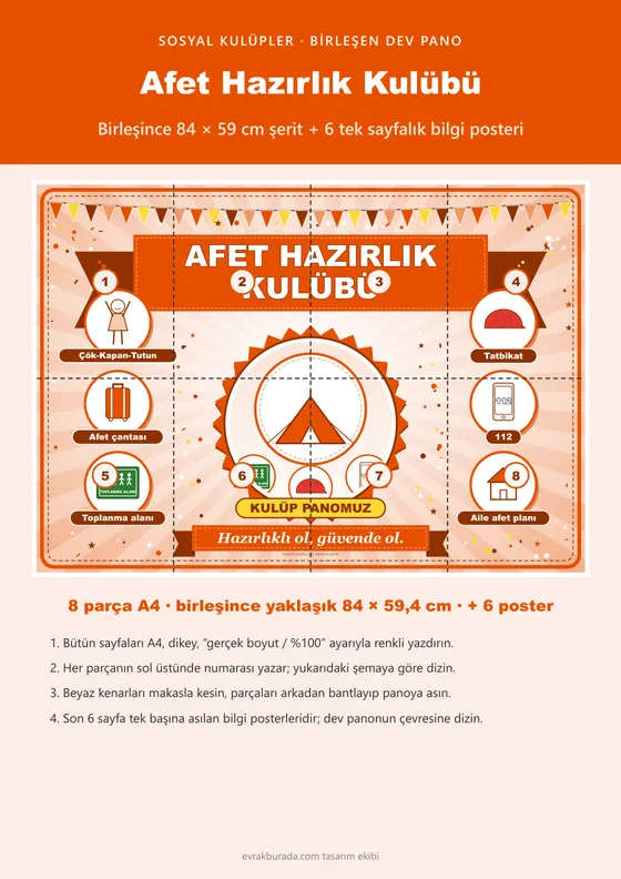 Afet Hazırlık Kulübü Pano Şeridi ve 6 Bilgi Posteri (8 parça · 84 × 59 cm) kapağı