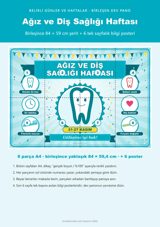 Ağız ve Diş Sağlığı Haftası Pano Şeridi ve 6 Bilgi Posteri (8 parça · 84 × 59 cm) kapağı