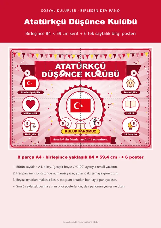 Atatürkçü Düşünce Kulübü Pano Şeridi ve 6 Bilgi Posteri (8 parça · 84 × 59 cm) kapağı