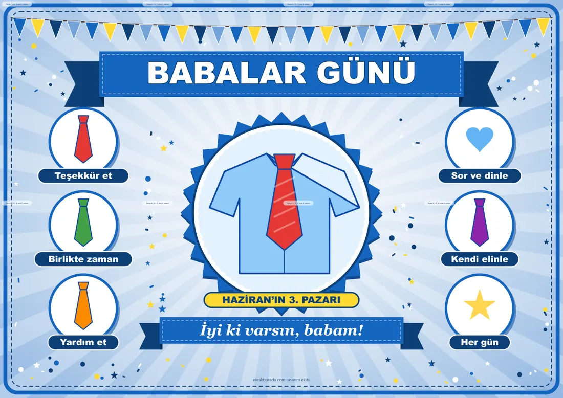 Babalar Günü Pano Şeridi ve 6 Bilgi Posteri (8 parça · 84 × 59 cm) birleşik görünüm