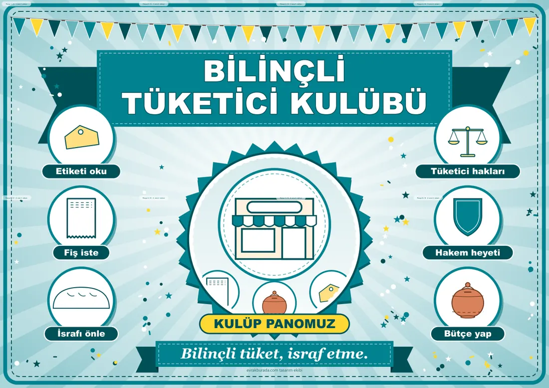 Bilinçli Tüketici Kulübü Pano Şeridi ve 6 Bilgi Posteri (8 parça · 84 × 59 cm) birleşik görünüm