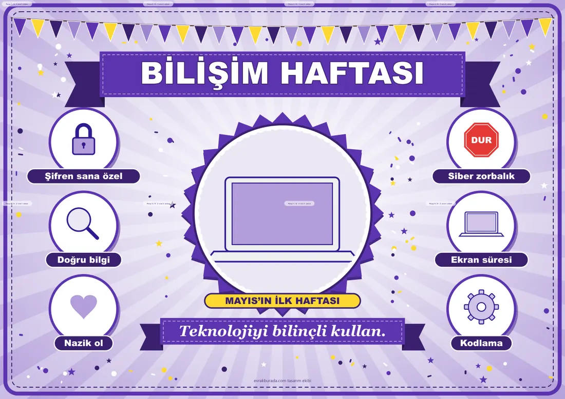 Bilişim Haftası Pano Şeridi ve 6 Bilgi Posteri (8 parça · 84 × 59 cm) birleşik görünüm