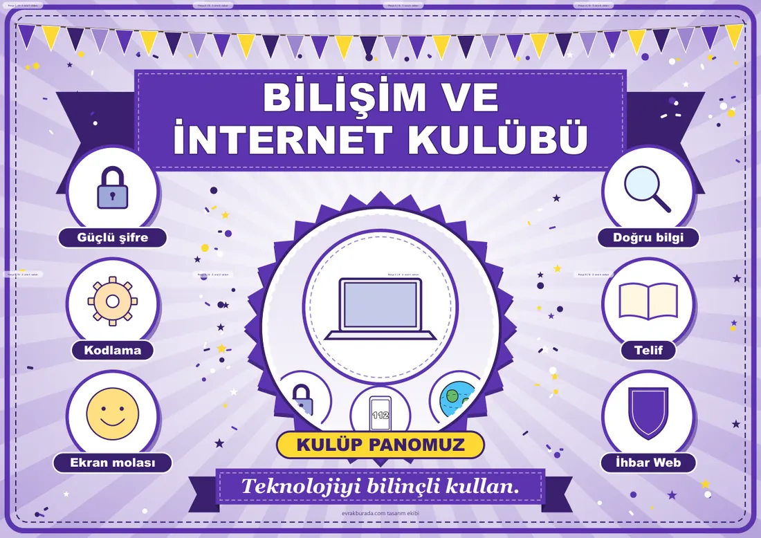 Bilişim ve İnternet Kulübü Pano Şeridi ve 6 Bilgi Posteri (8 parça · 84 × 59 cm) birleşik görünüm