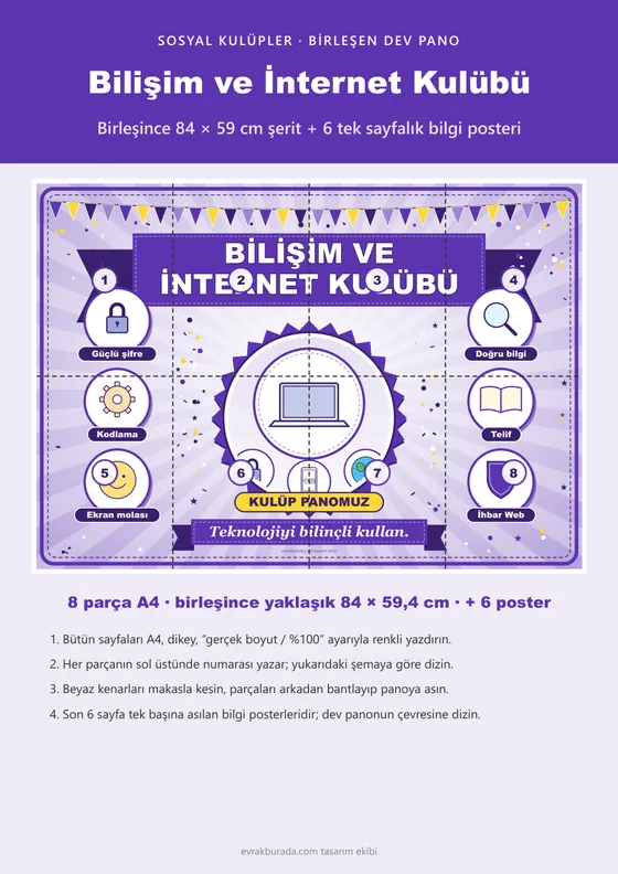 Bilişim ve İnternet Kulübü Pano Şeridi ve 6 Bilgi Posteri (8 parça · 84 × 59 cm) kapağı