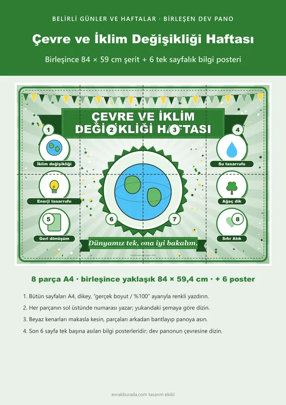 Çevre ve İklim Değişikliği Haftası Pano Şeridi ve 6 Bilgi Posteri (8 parça · 84 × 59 cm) kapağı