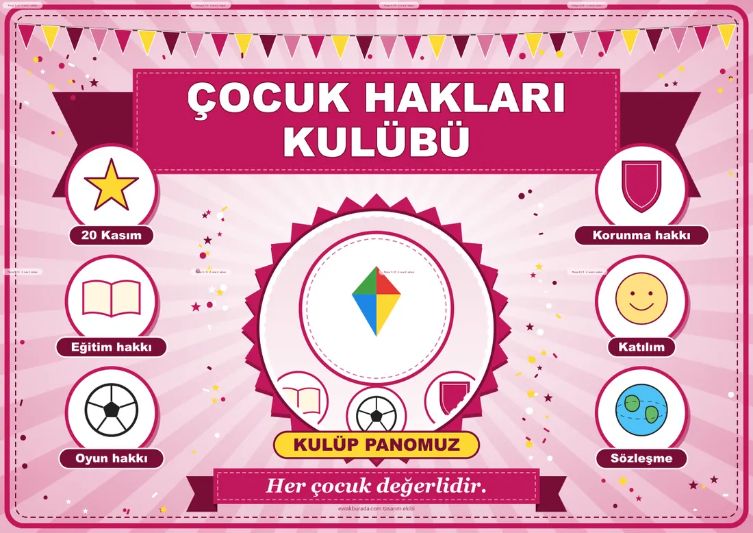 Çocuk Hakları Kulübü Pano Şeridi ve 6 Bilgi Posteri (8 parça · 84 × 59 cm) birleşik görünüm