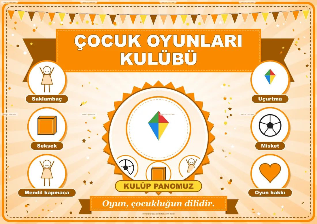 Çocuk Oyunları Kulübü Pano Şeridi ve 6 Bilgi Posteri (8 parça · 84 × 59 cm) birleşik görünüm