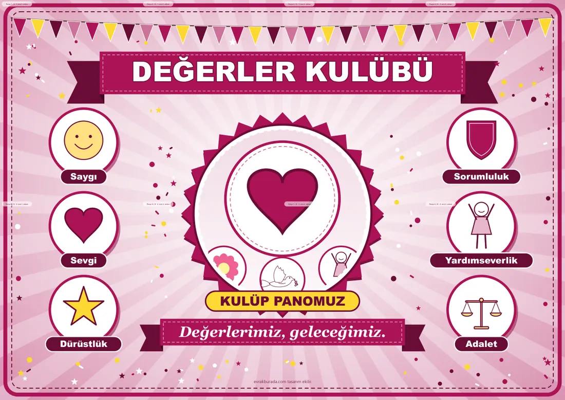 Değerler Kulübü Pano Şeridi ve 6 Bilgi Posteri (8 parça · 84 × 59 cm) birleşik görünüm