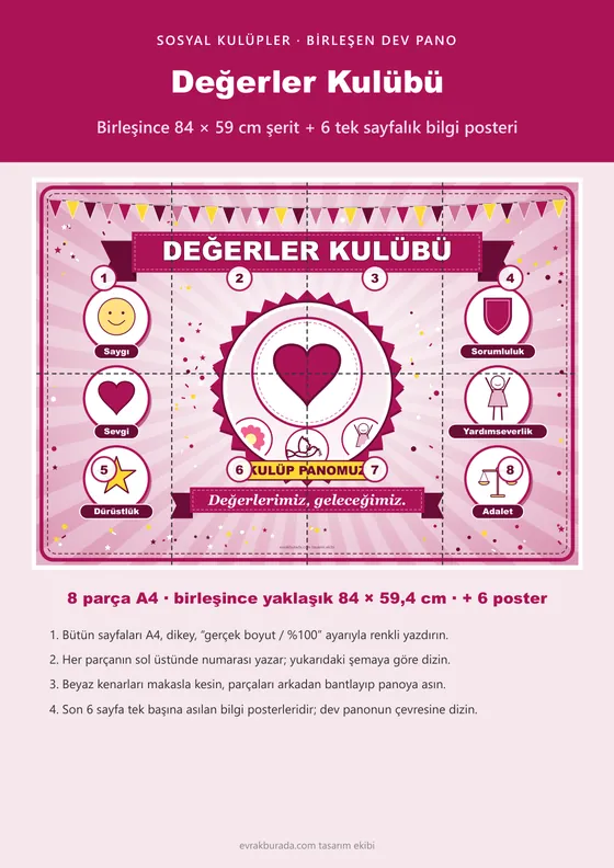 Değerler Kulübü Pano Şeridi ve 6 Bilgi Posteri (8 parça · 84 × 59 cm) kapağı