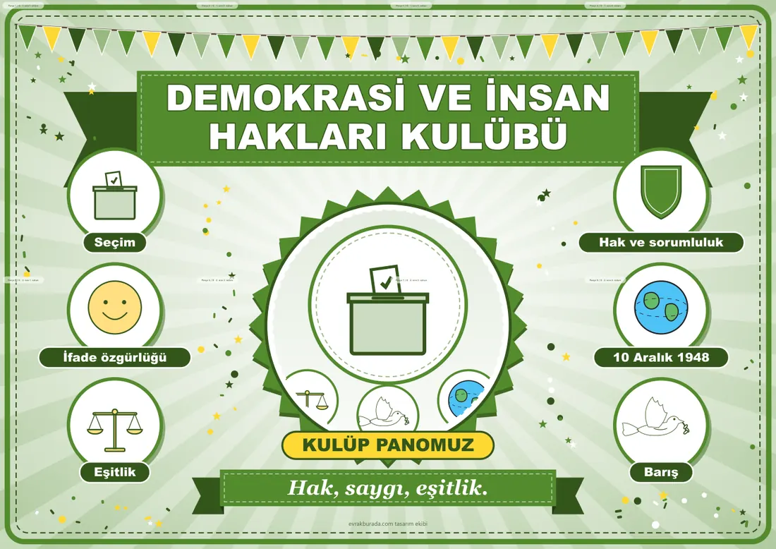 Demokrasi ve İnsan Hakları Kulübü Pano Şeridi ve 6 Bilgi Posteri (8 parça · 84 × 59 cm) birleşik görünüm
