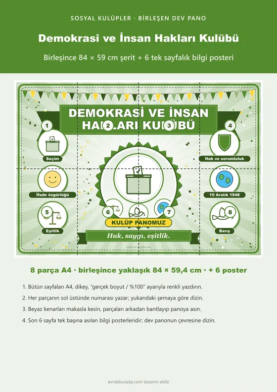 Demokrasi ve İnsan Hakları Kulübü Pano Şeridi ve 6 Bilgi Posteri (8 parça · 84 × 59 cm) kapağı