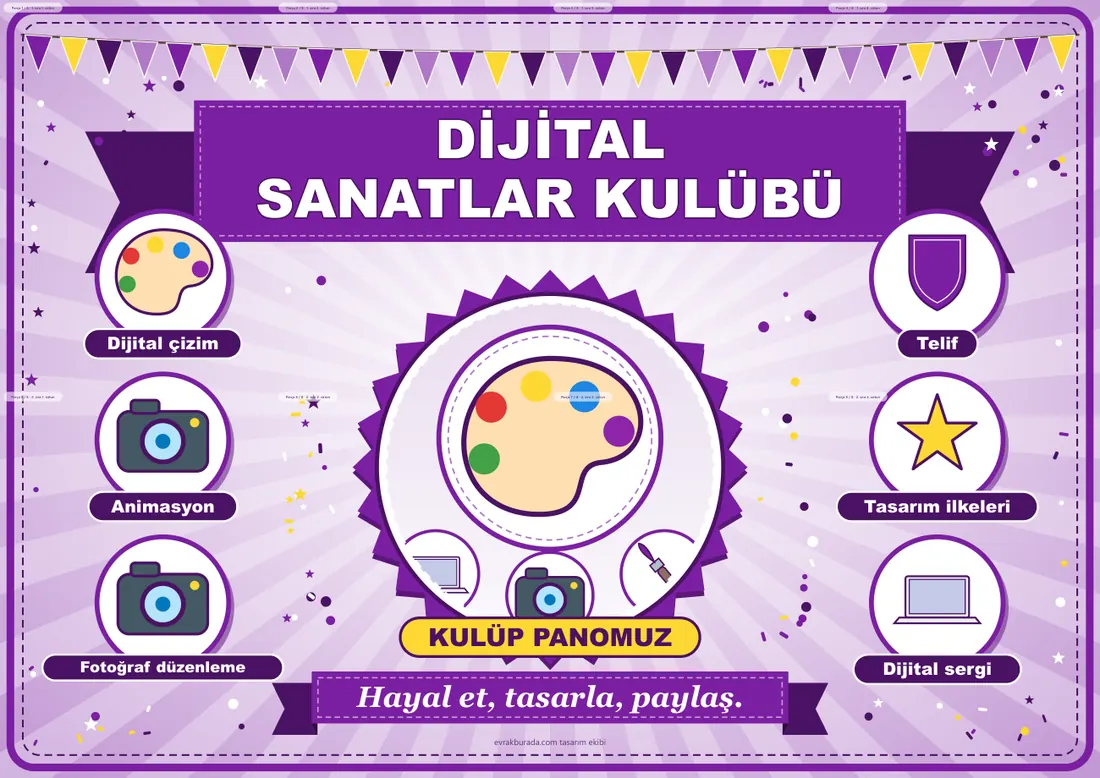 Dijital Sanatlar Kulübü Pano Şeridi ve 6 Bilgi Posteri (8 parça · 84 × 59 cm) birleşik görünüm
